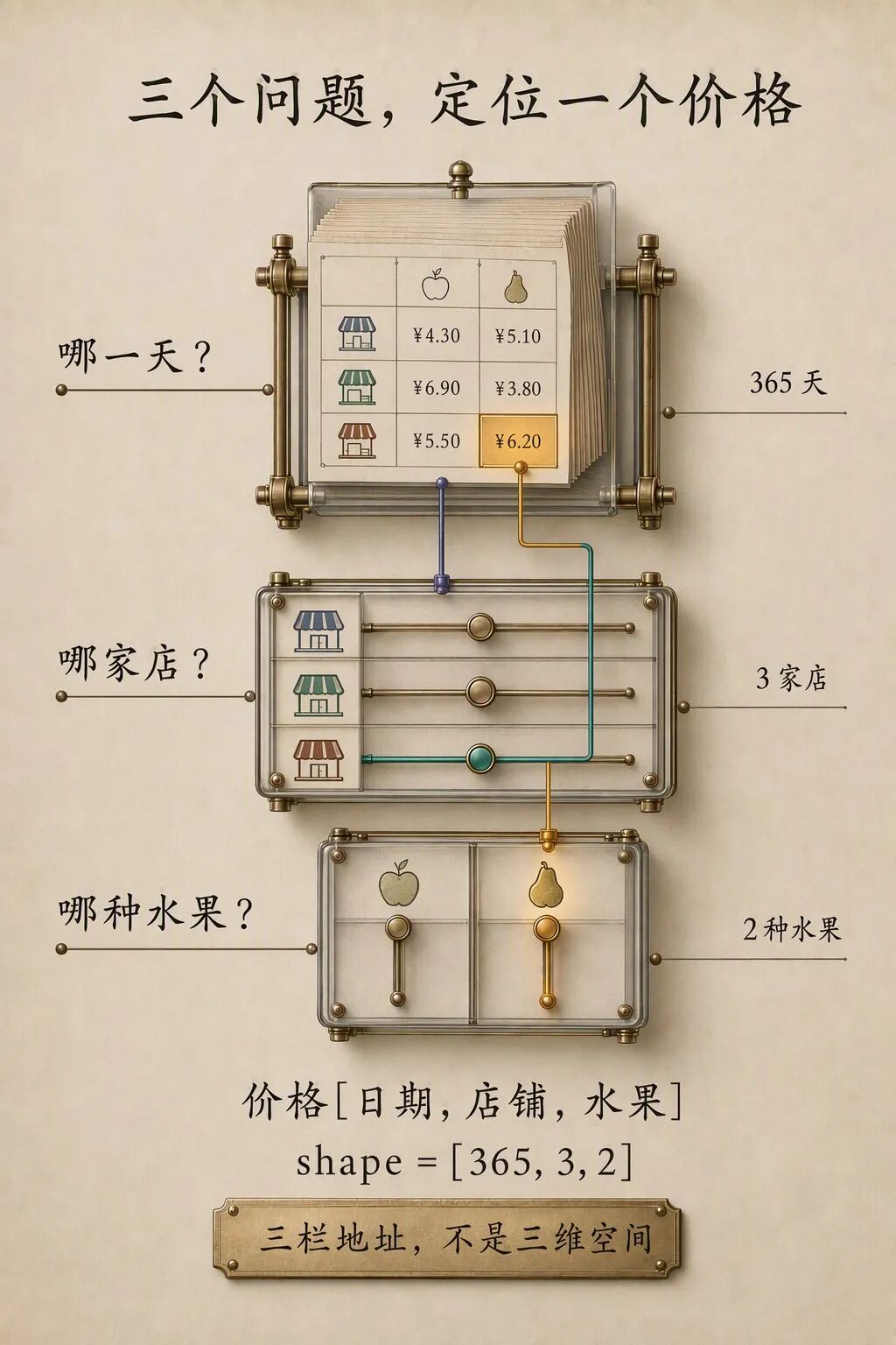 水果价格账本用日期、店铺、水果三栏地址定位一个价格