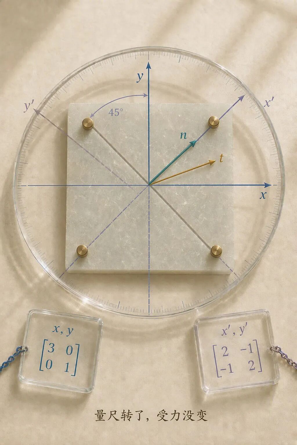 固定材料、切面、法向与受力，只把透明坐标量尺旋转45度；两块读数牌显示同一应力张量在两套坐标下的不同分量
