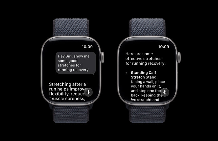 灰色 Apple Watch Series 11,显示关于训练的 Siri AI 对话